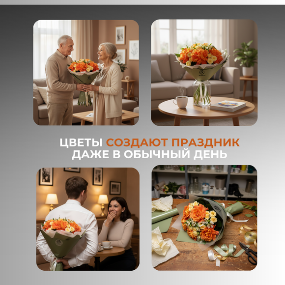 Букет из оранжевых французских роз, кустовых роз и альстромерий