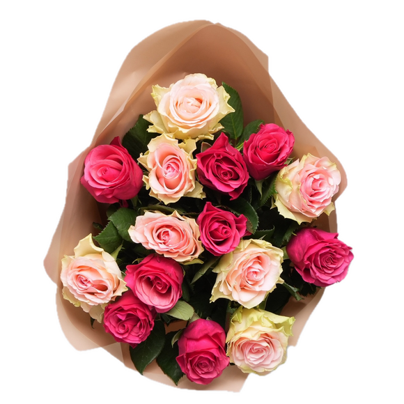 Букет из роз нежный микс Кения (50 см) в корейской упаковке