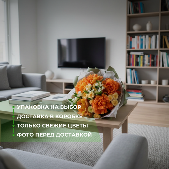 Букет из оранжевых французских роз, кустовых роз и альстромерий