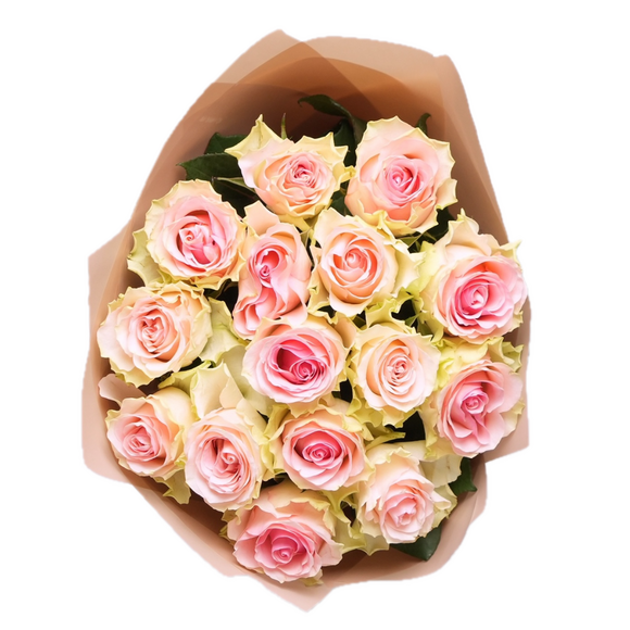 Букет из 15 светло-розовых роз Кения (50 см) в корейской упаковке