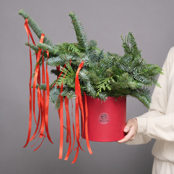 Зимняя шляпная коробка с красными лентами