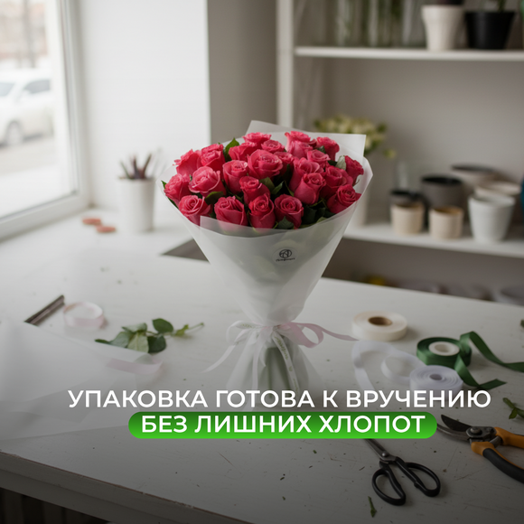 Букет из 25 малиновых роз 50 см (Кения) в корейской матовой упаковке