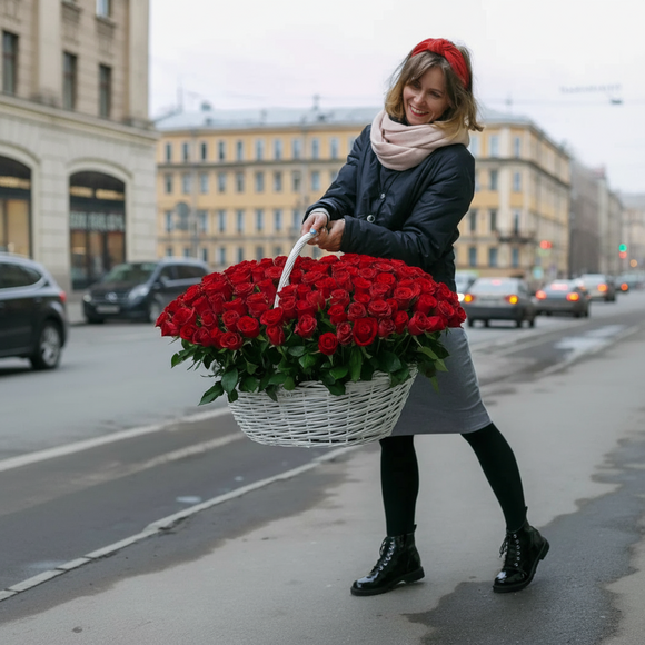 151 роза Кения в корзине