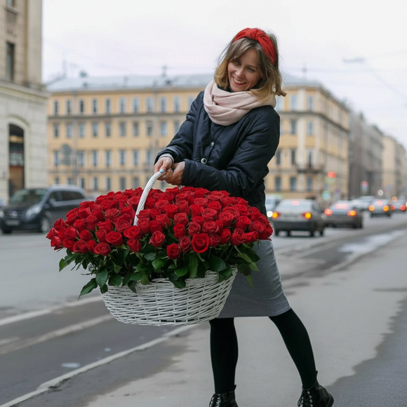 151 роза Кения в корзине