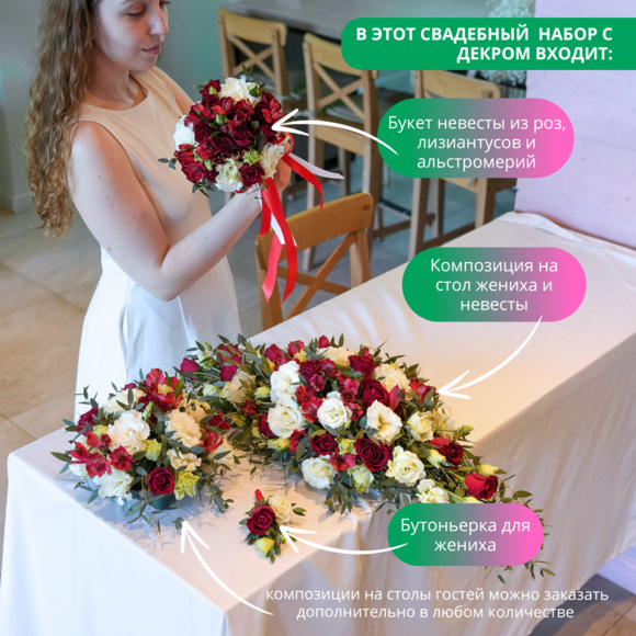 Свадебный набор с декором из лизиантусов, альстромерий и роз Кения