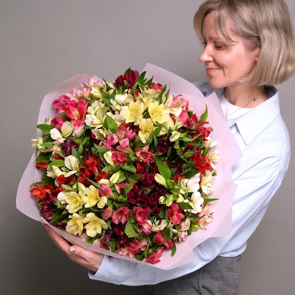 Букет из 35 альстромерий микс в корейской светлой упаковке