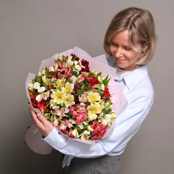 Букет из 25 альстромерий микс в корейской светлой упаковке