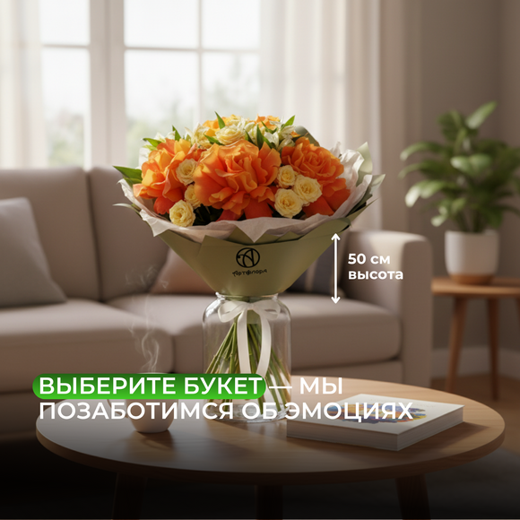 Букет из оранжевых французских роз, кустовых роз и альстромерий