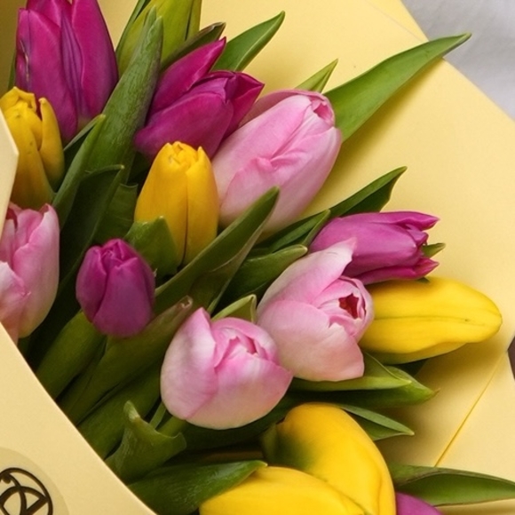 Букет из 15 тюльпанов микс яркий (Голландия) в фоамиране