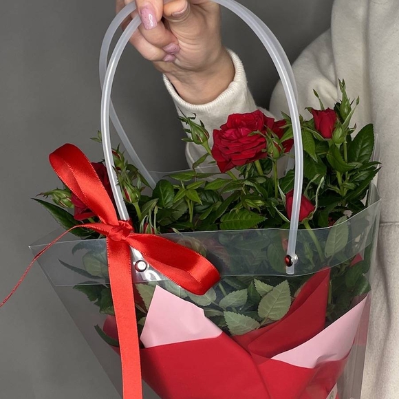 Роза Кордана в цветочной сумочке красная