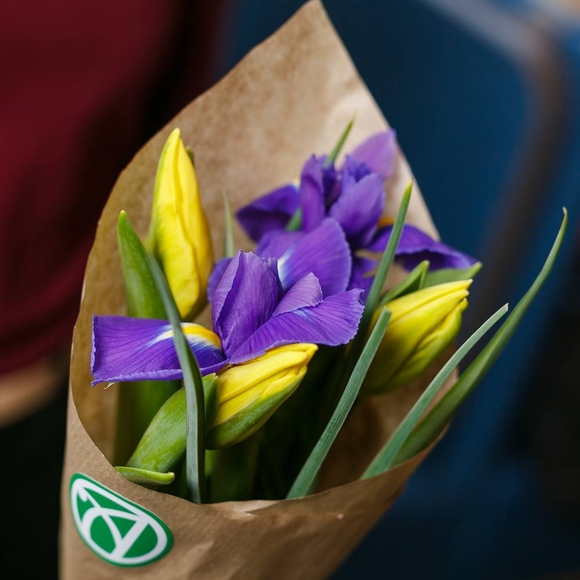 3 желтых тюльпанов с ирисами в крафте