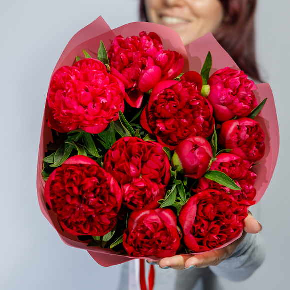 Букет из 11 бордовых пионов (Россия)