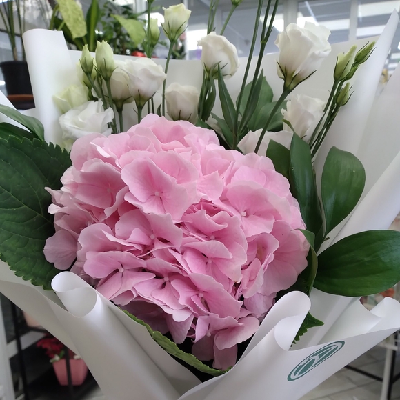 Букет из розовой гортензии и лизиантуса