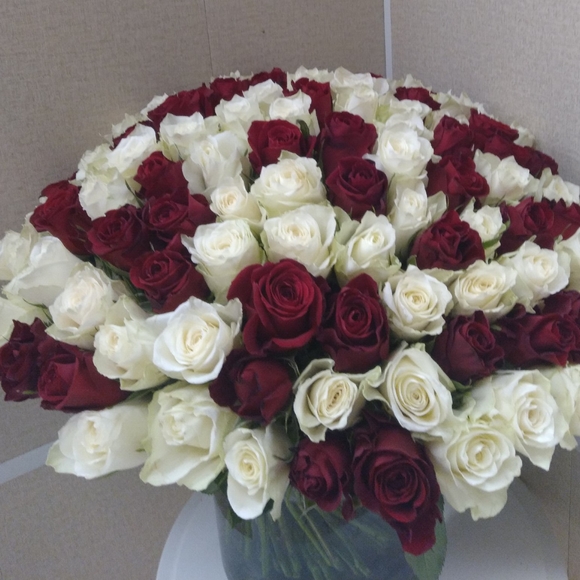 Букет из 101 красной и белой розы Кения (35 см)