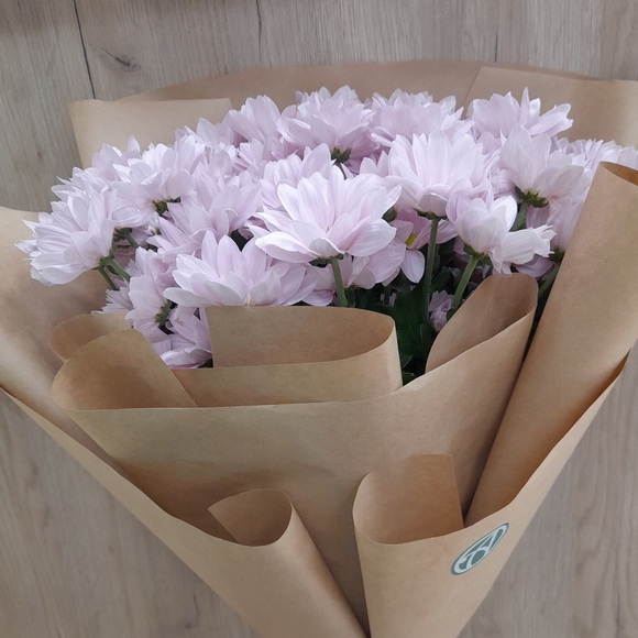 Букет из 9 розовых кустовых хризантем Бакарди (ромашка) в корейской упаковке