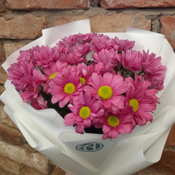 Букет из 5 розовых кустовых хризантем Бакарди (ромашка) в корейской упаковке