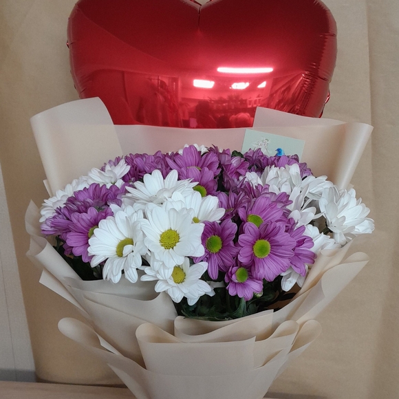 Набор размер S с букетом из 9 белых и розовых кустовых хризантем Бакарди (ромашка) в корейской упаковке