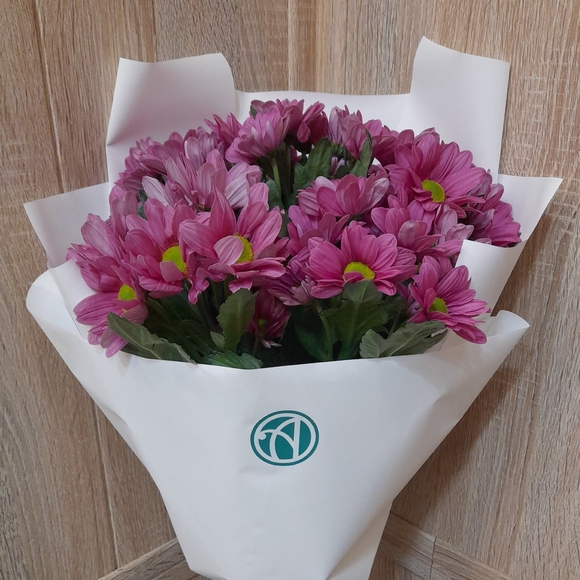 Букет из 5 розовых кустовых хризантем Бакарди (ромашка) в корейской упаковке