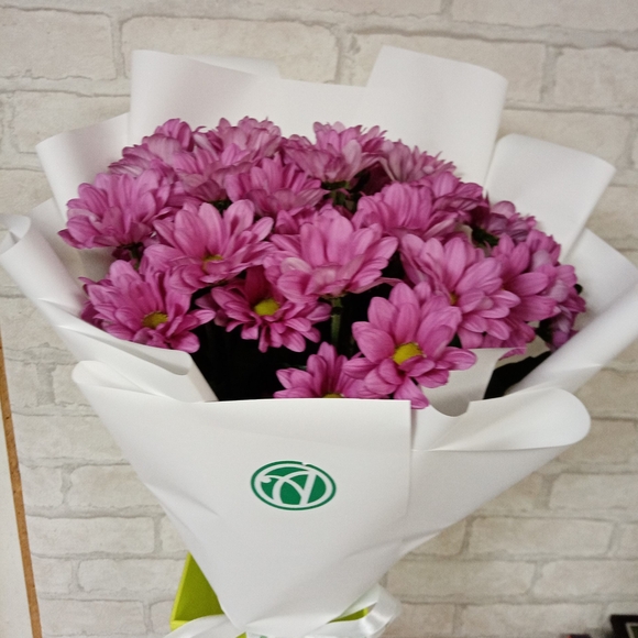 Букет из 5 розовых кустовых хризантем Бакарди (ромашка) в корейской упаковке