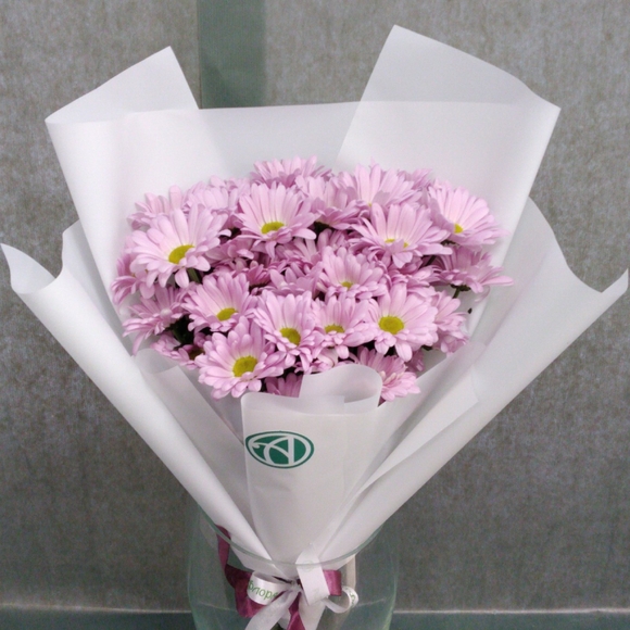 Букет из 5 розовых кустовых хризантем Бакарди (ромашка) в корейской упаковке