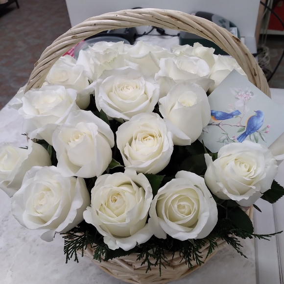 25 белых роз Кения с зеленью в корзине