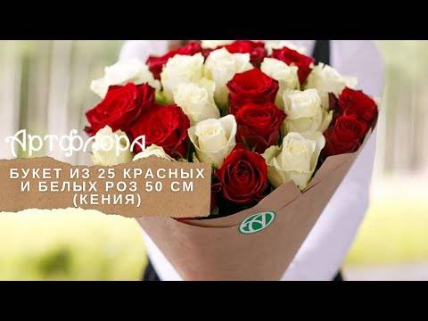 Embedded thumbnail for Букет из 25 красных и белых роз 50 см (Кения)